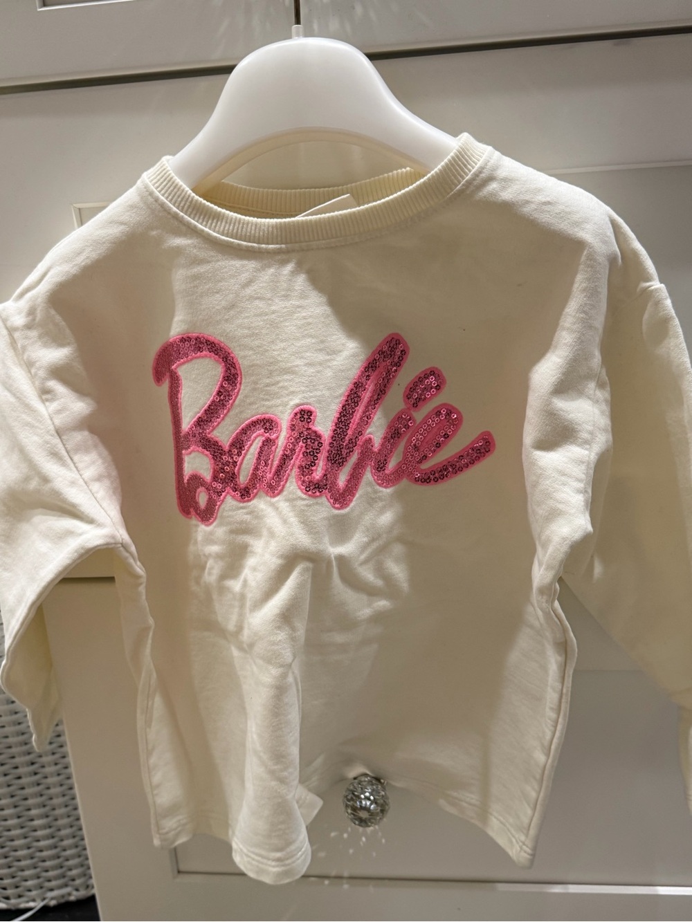 ZARA Barbie Cream Sweatshirt with Pink Sequin Logo